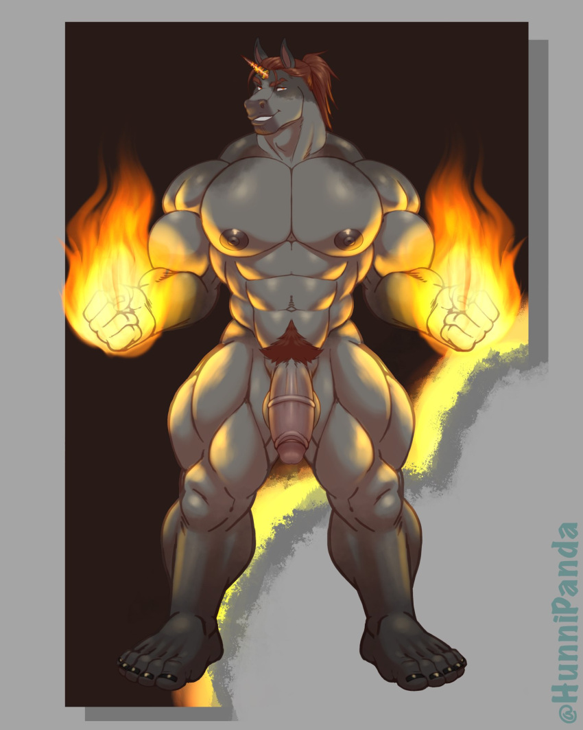 abs anthro balls big_pecs equid equine fire genitals hair hi_res horn hunnipanda male mammal muscular muscular_anthro muscular_legs muscular_male nipples nude pecs penis pubes red_hair solo standing unicorn unicorn_horn