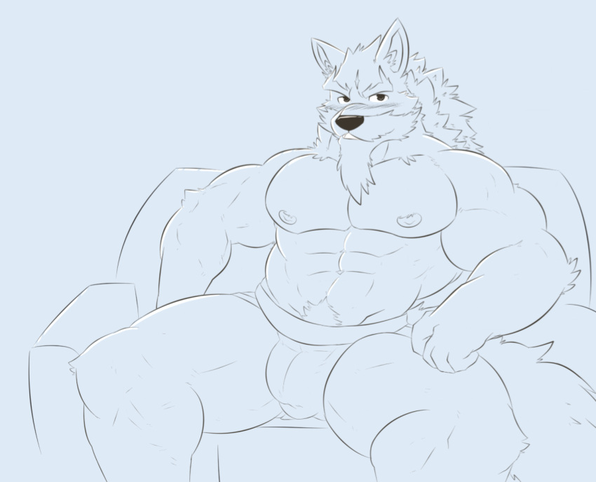2021 abs anthro beard biceps biped blush canid canine canis clothed clothing facial_hair frankescobarx law_(sdorica_sunset) line_art male mammal muscular muscular_anthro muscular_male muscular_thighs nipples pecs pubes sdorica sitting solo spread_legs spreading underwear underwear_only wolf