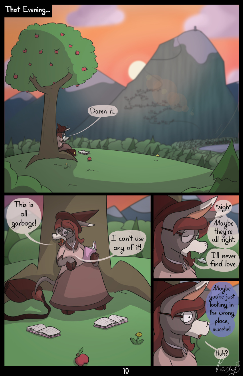 absurd_res anthro asinus book clothed clothing comic donkey english_text equid equine female hi_res magic magic_user mammal mountain off_screen_character outside plant roxythefoxy solo text tree witch