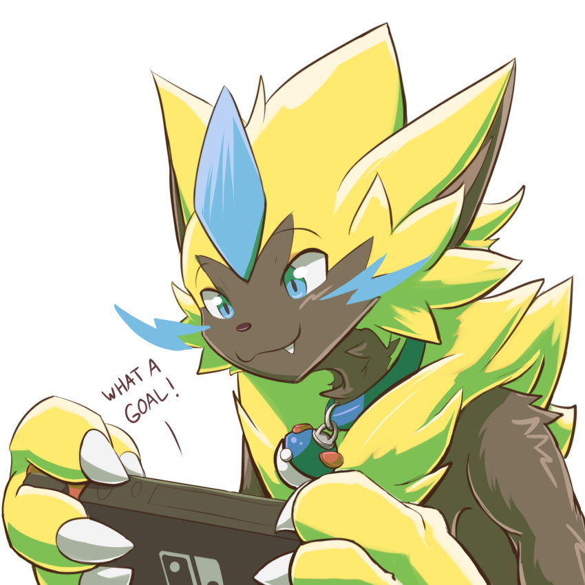 1:1 ambiguous_gender anthro black_body black_fur blue_eyes cheek_tuft chest_tuft claws collar collar_only english_text facial_tuft fangs felid feline finger_claws fur game_console gaming hi_res holding_object legendary_pok&eacute;mon mammal nintendo nintendo_switch playing_videogame pok&eacute;ball pok&eacute;mon pok&eacute;mon_(species) shaded simple_background smile solo text toshabi tuft video_games white_background white_claws yellow_body yellow_fur zeraora