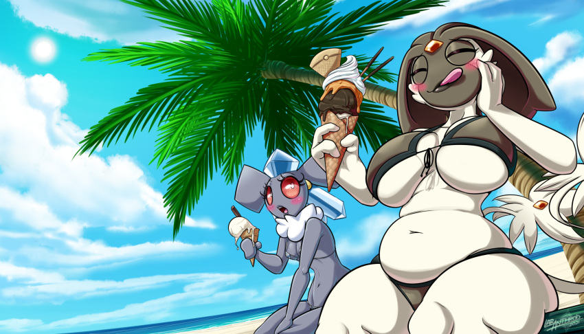 7:4 beach big_breasts bikini blush breast_size_difference breasts clothing dessert diancie duo female food hi_res ice_cream latiar legendary_pok&eacute;mon nintendo outside palm_tree plant pok&eacute;mon pok&eacute;mon_(species) seaside swimwear tongue tongue_out tree uxie video_games