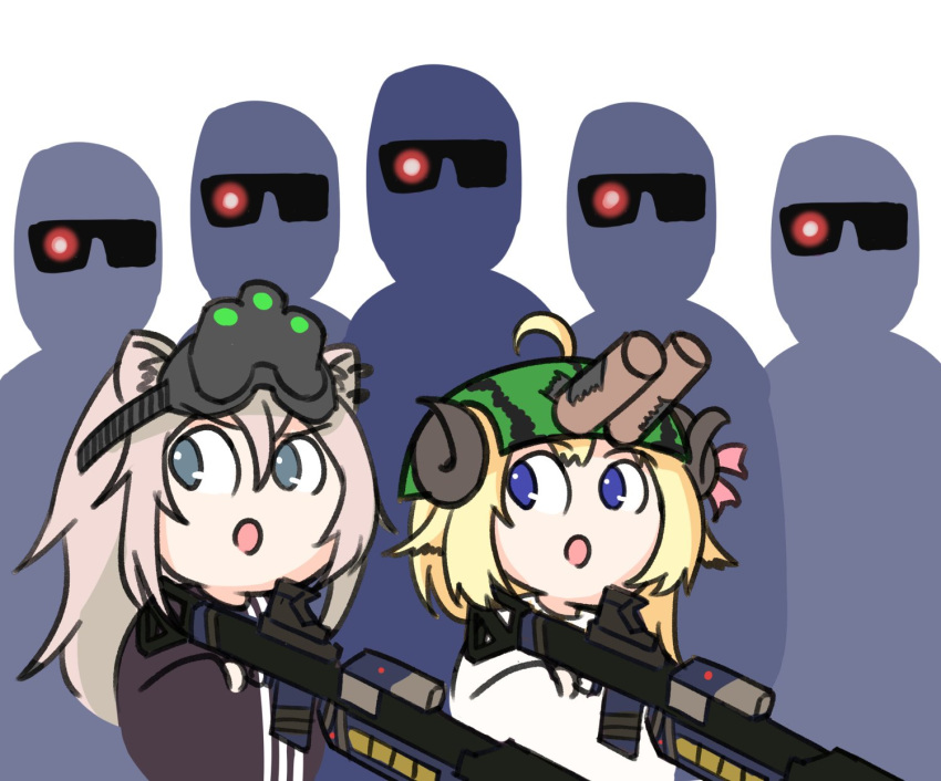 accessory ahoge bangs big_eyes bovid caprine clothing duo felid female ghost_recon gun hair hair_accessory hi_res hololive horn humanoid humor lion long_hair mammal night_vision open_mouth pantherine parody ranged_weapon rifle saite2801 sheep shishiro_botan short_hair tom_clancy's_(series) tsunomaki_watame ubisoft video_games weapon