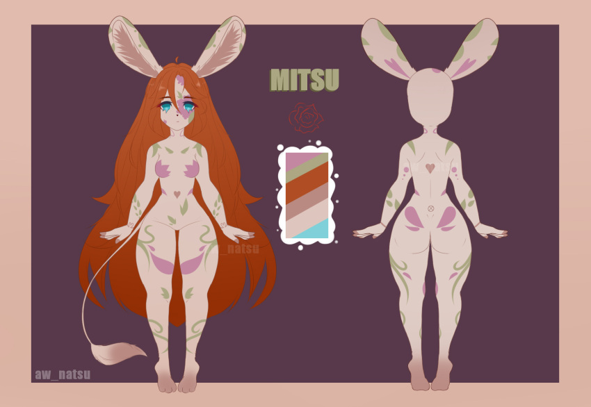 anthro aw_natsu biped blue_eyes breasts brown_body brown_fur brown_hair color_swatch facial_markings female fluffy_ears fur fur_pattern green_body green_fur grey_body grey_fur hair head_markings hi_res lagomorph leporid long_hair long_tail mammal markings mitsu model_sheet orange_hair purple_body purple_fur rabbit red_hair simple_background solo tail_tuft tattoo tuft