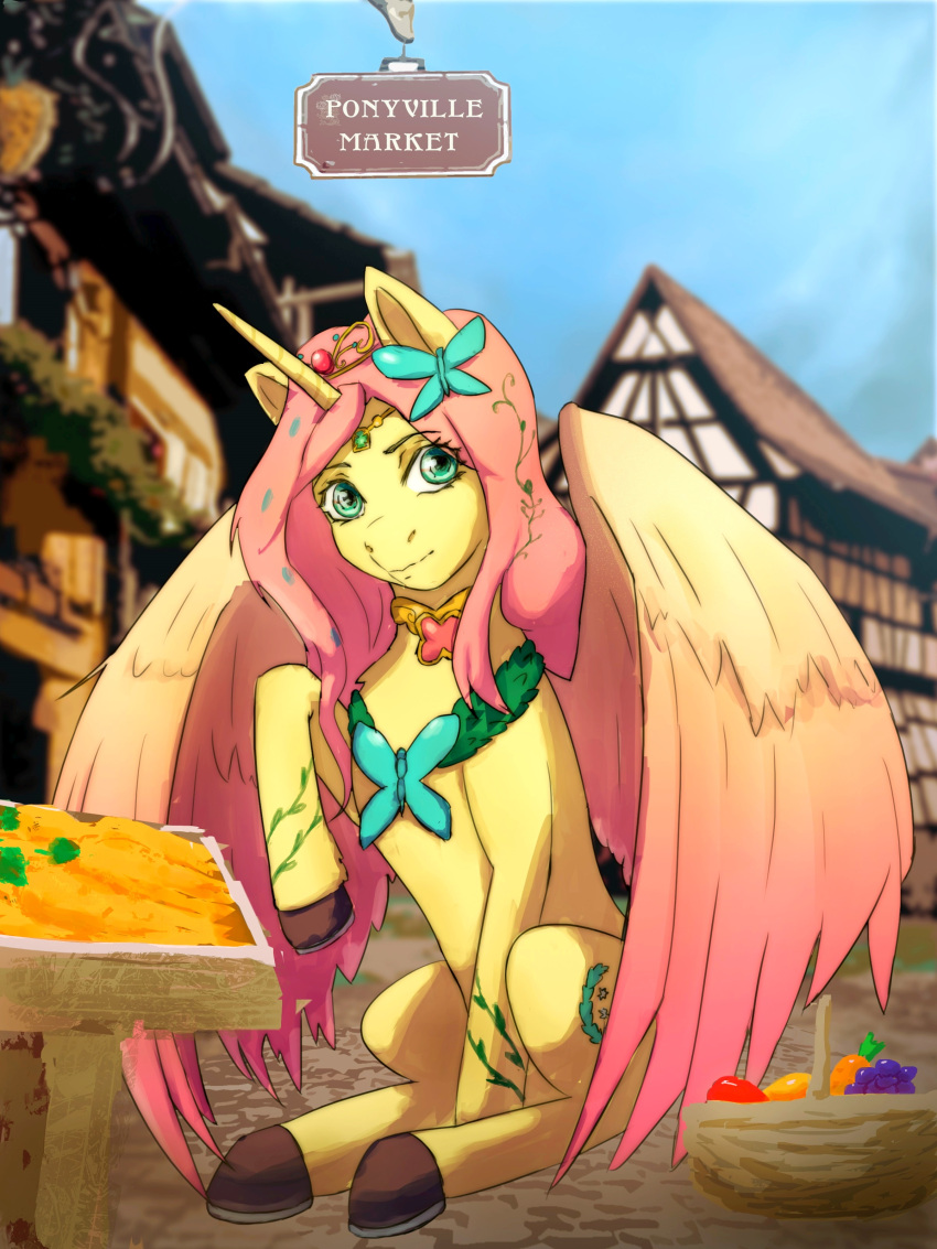 3:4 absurd_res alternate_cutie_mark alternate_form alternate_hairstyle alternate_universe crown element_of_kindness equid equine female fluttershy_(mlp) friendship_is_magic hasbro hi_res horn horse kovalev mammal market my_little_pony pony princess_fluttershy shopping solo story_at_source tiara two_tone_wings winged_unicorn wings ych_result