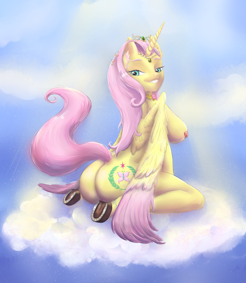 absurd_res alternate_cutie_mark alternate_form alternate_hairstyle alternate_universe anthro artkarasik big_breasts breasts crown element_of_kindness equid equine female fluttershy_(mlp) friendship_is_magic hasbro hi_res horn mammal my_little_pony princess_fluttershy solo story_at_source tiara two_tone_wings winged_unicorn wings ych_result