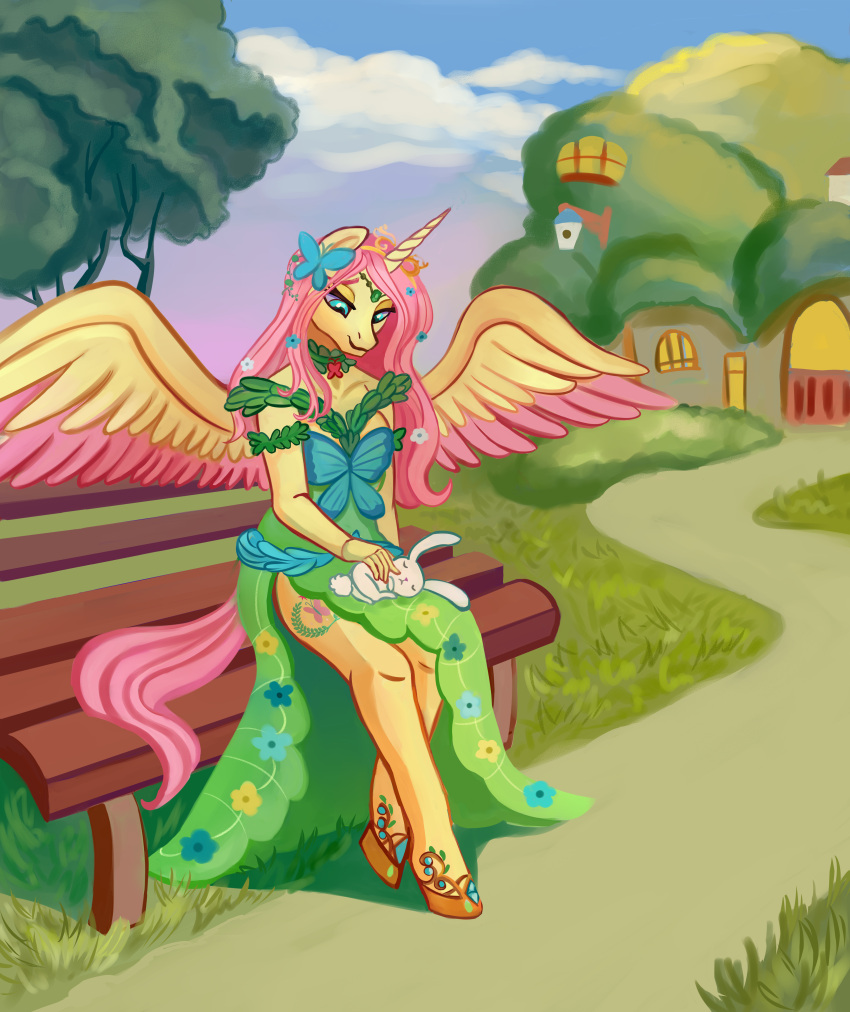 absurd_res alternate_cutie_mark alternate_form alternate_hairstyle alternate_universe angel_(mlp) anthro bartolomy clothing crown dress duo equid equine female feral fluttershy_(mlp) friendship_is_magic hasbro hi_res horn lagomorph leporid male mammal my_little_pony princess_fluttershy rabbit story_at_source tiara two_tone_wings winged_unicorn wings ych_result