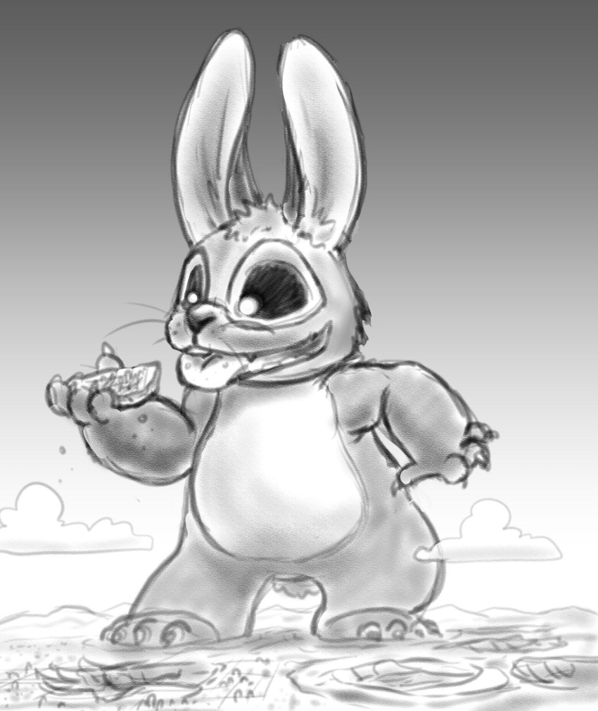 2019 4_fingers 4_toes alien city claws cloud destruction disney dy-2861 dylan_roberts experiment_(lilo_and_stitch) fan_character feet fingers fur greyscale head_tuft hi_res lagomorph lilo_and_stitch looking_down macro mammal monochrome scut_tail solo standing toes tongue tongue_out tuft tyrnn
