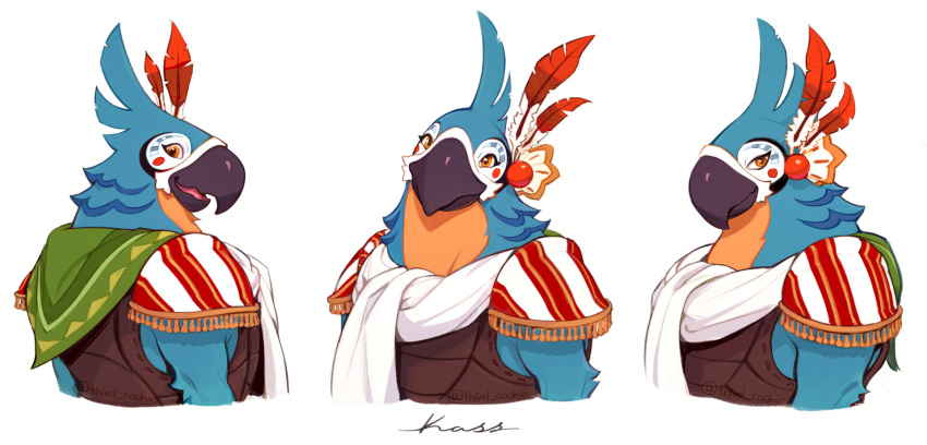 anthro avian beak bird blue_body blue_feathers breath_of_the_wild clothed clothing eyelashes feathers headgear headwear hi_res kass_(tloz) looking_at_viewer male nintendo open_mouth rito scarf shirt smile solo standing text the_legend_of_zelda third_cookie topwear video_games yellow_body yellow_eyes yellow_feathers