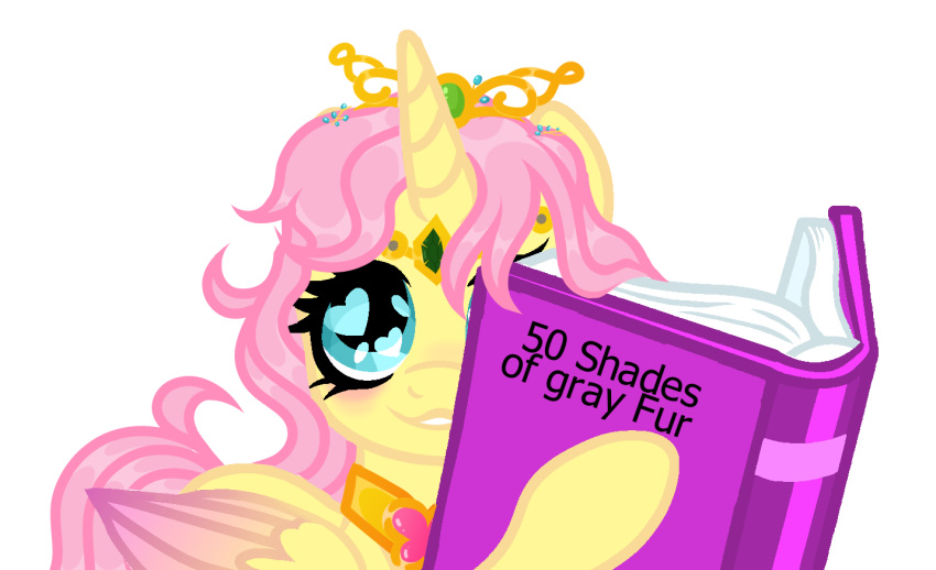 alternate_form alternate_hairstyle alternate_universe book crown element_of_kindness equid equine female fifty_shades_of_grey fluttershy_(mlp) friendship_is_magic horn horse mammal my_little_pony pony princess_fluttershy solo story_at_source tiara two_tone_wings vizirka winged_unicorn wings ych_result