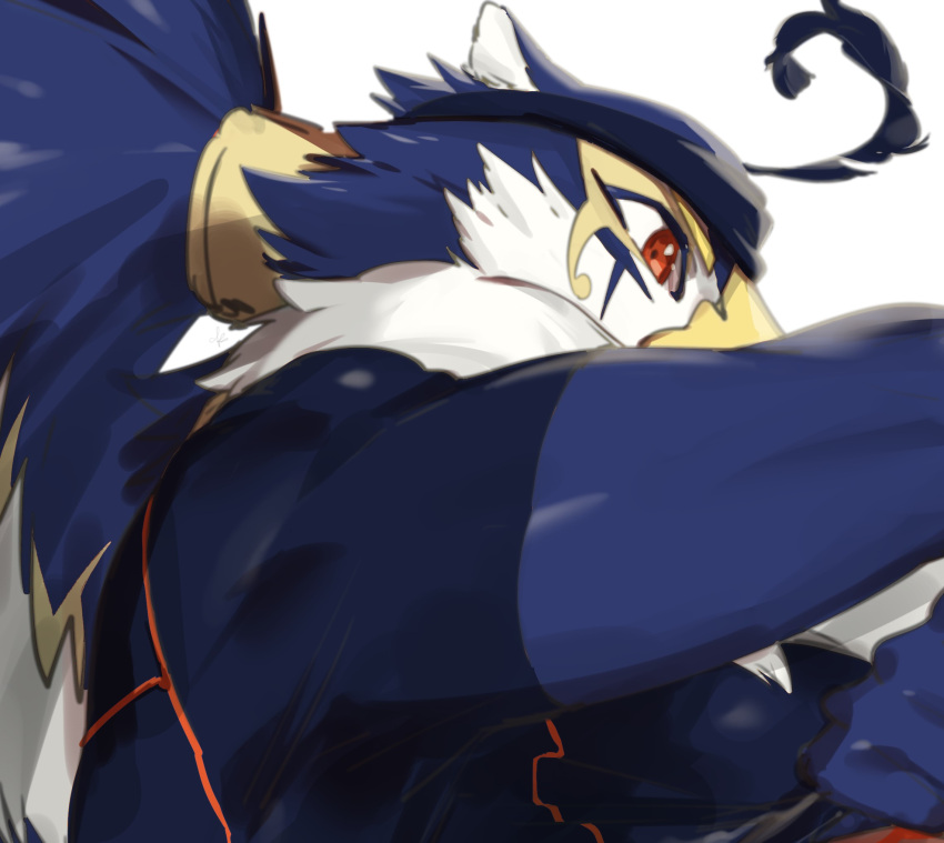 2021 anthro avian blue_body blue_feathers clothed clothing colored feathers hair hi_res horus_(tas) kaiko_003f male multicolored_body multicolored_feathers orange_eyes simple_background solo tied_hair tokyo_afterschool_summoners topwear two_tone_body two_tone_feathers video_games white_background white_body white_feathers