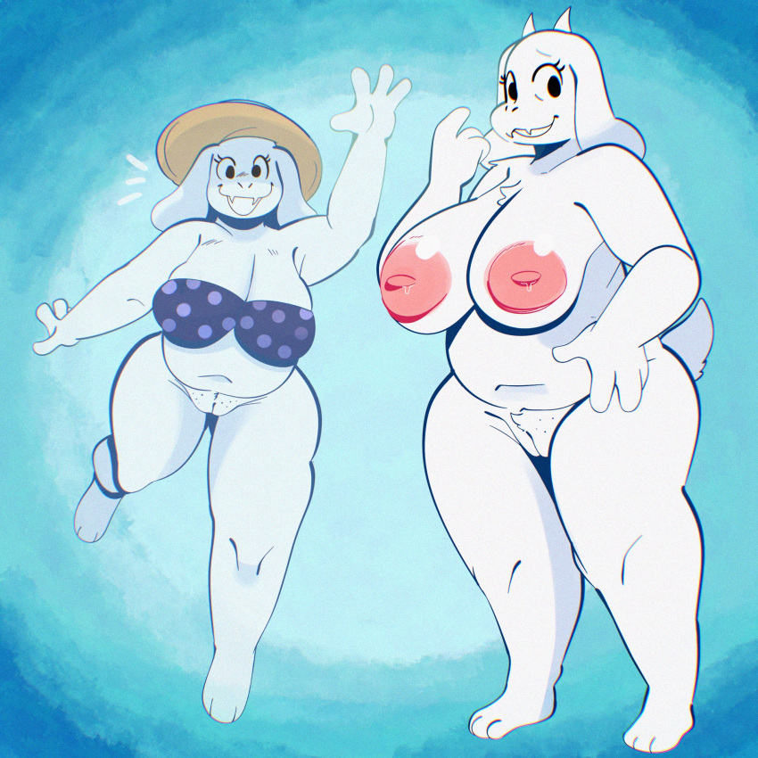 1:1 2021 anthro big_breasts big_nipples bikini bikini_top boss_monster bottomless bovid breasts caprine clothed clothing curvy_figure female fur genitals gesture hat headgear headwear hi_res horn looking_at_viewer mammal nipples nude on_one_leg pussy samoyena solo standing swimwear toriel undertale video_games waving white_body white_fur