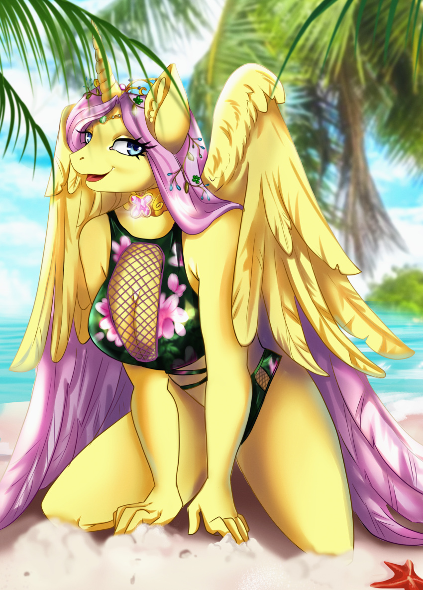 absurd_res alternate_form alternate_hairstyle alternate_universe anthro big_breasts breasts crown dorothea322 element_of_kindness equid equine female fluttershy_(mlp) friendship_is_magic hasbro hi_res horn mammal my_little_pony princess_fluttershy solo story_at_source tiara two_tone_wings winged_unicorn wings ych_result