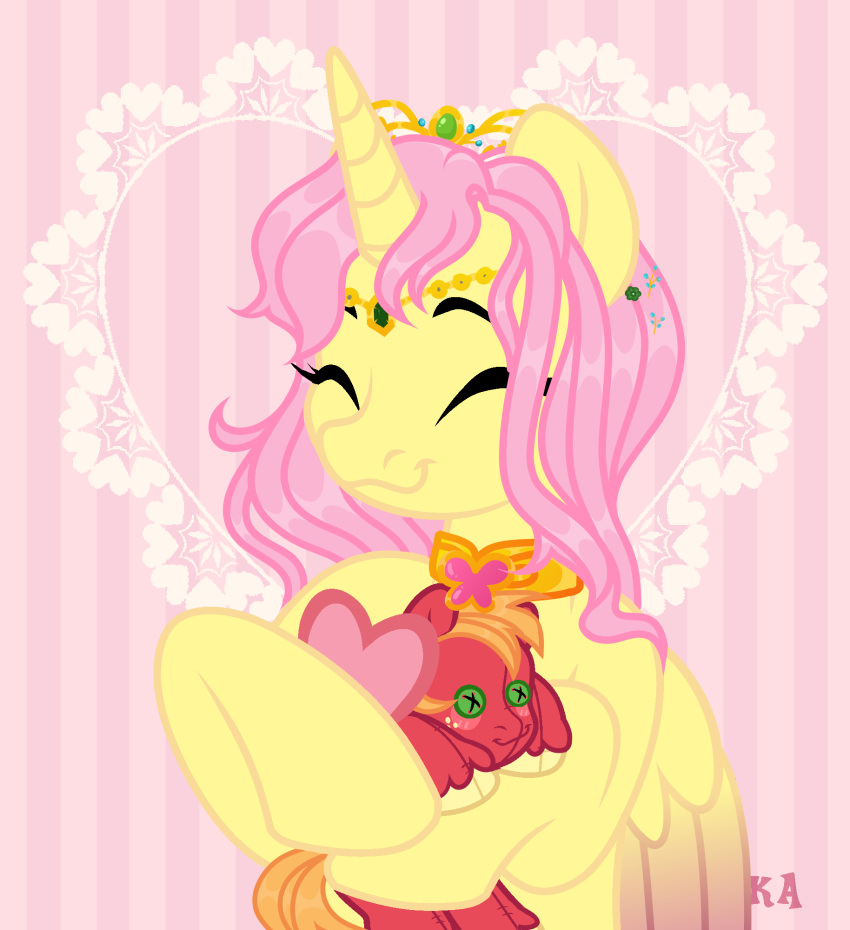 alternate_form alternate_hairstyle alternate_universe big_macintosh_(mlp) crown doll element_of_kindness equid equine female fluttershy_(mlp) friendship_is_magic hearts_and_hooves_day hi_res horn horse love_letter male mammal my_little_pony plushie pony princess_fluttershy solo story_at_source tiara two_tone_wings vizirka winged_unicorn wings ych_result