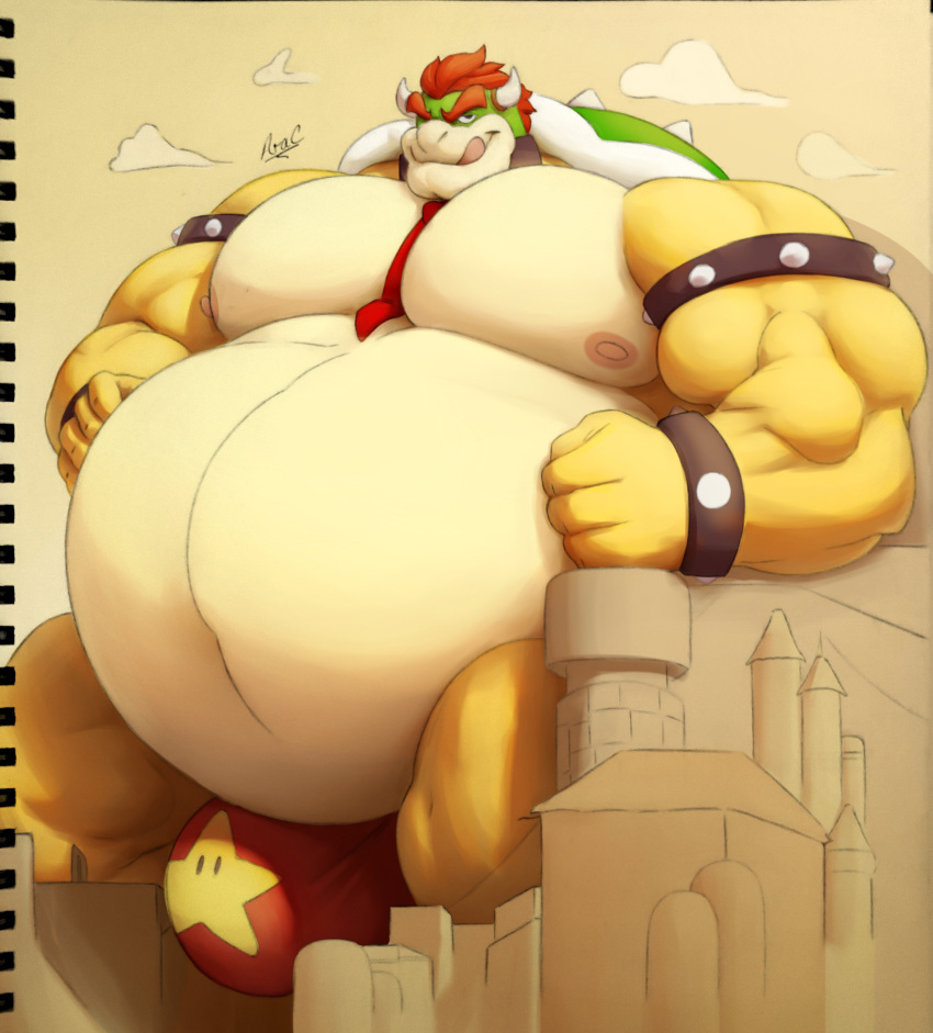 2020 absurd_res anthro ara_chibi armband barazoku belly big_belly big_bulge big_muscles bowser bracelet bulge castle clothing cloud collaboration collar colored croconut digital_media_(artwork) eyebrows hair hi_res horn huge_bulge huge_muscles hyper hyper_belly jewelry koopa licking licking_lips licking_own_lips looking_at_viewer macro male mario_bros mixed_media moobs musclegut muscular muscular_anthro muscular_male navel necktie nintendo nipples obese obese_anthro obese_male overweight overweight_anthro overweight_male pecs scalie self_lick shell signature simple_background small_head smile solo spiked_armband spiked_bracelet spiked_shell spikes spikes_(anatomy) standing tan_background thong tongue tongue_out traditional_media_(artwork) underwear video_games