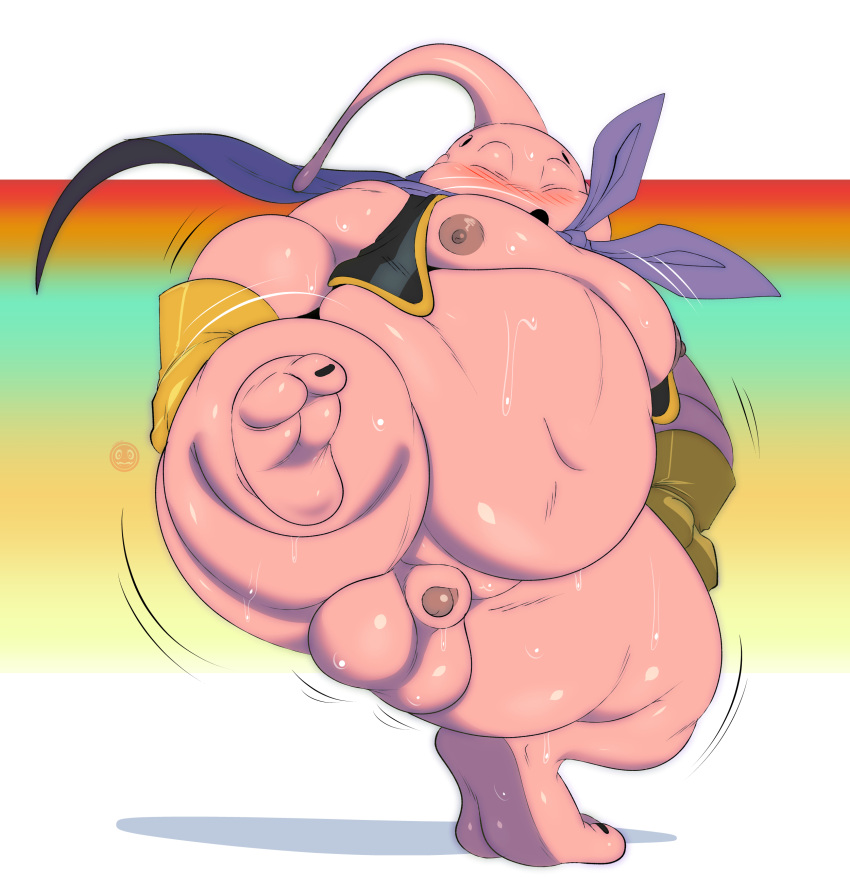 absurd_res alien alien_humanoid balls blush bodily_fluids bottomless cape clothed clothing dragon_ball dragon_ball_z genitals handwear hi_res humanoid majin_buu male moobs nipples overweight overweight_humanoid overweight_male penis pink_body satsui-n0-had0u solo sweat thick_thighs yellow_clothing yellow_handwear