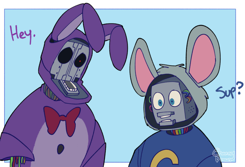 2021 animatronic black_sclera blue_background blue_eyes blue_text bonnie_(fnaf) border bow_tie button_(disambiguation) channydraws charles_entertainment_cheese chuck_e._cheese's_pizzeria dialogue english_text five_nights_at_freddy's fur lagomorph leporid machine male mammal mascot mouse murid murine outline pink_inner_ear purple_body purple_fur purple_inner_ear purple_text rabbit red_bow_tie red_eyes robot rodent simple_background text video_games white_border white_sclerea wire withered_bonnie_(fnaf)