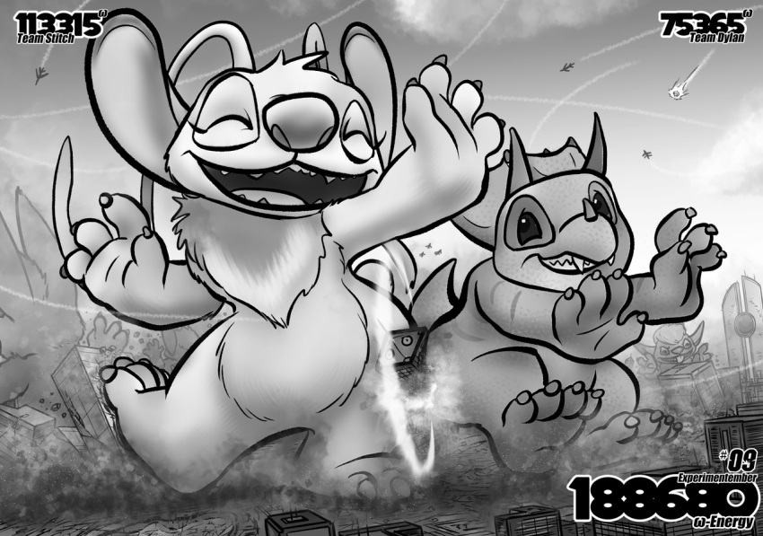 2019 4_fingers aircraft airplane alien angel_(lilo_and_stitch) antennae_(anatomy) anthro biped ceratopsian city claws destruction dinosaur disney duo_focus dy-2861 dylan_roberts english_text experiment_(lilo_and_stitch) fan_character fangs fingers fur greyscale grin group happy horn lilo_and_stitch long_antennae looking_aside looking_at_another looking_up macro meteor monochrome nyte-4654 nyterious_(character) open_mouth open_smile ornithischian outside reptile scalie shockwave small_tail smile text toe_claws triceratops tyrnn