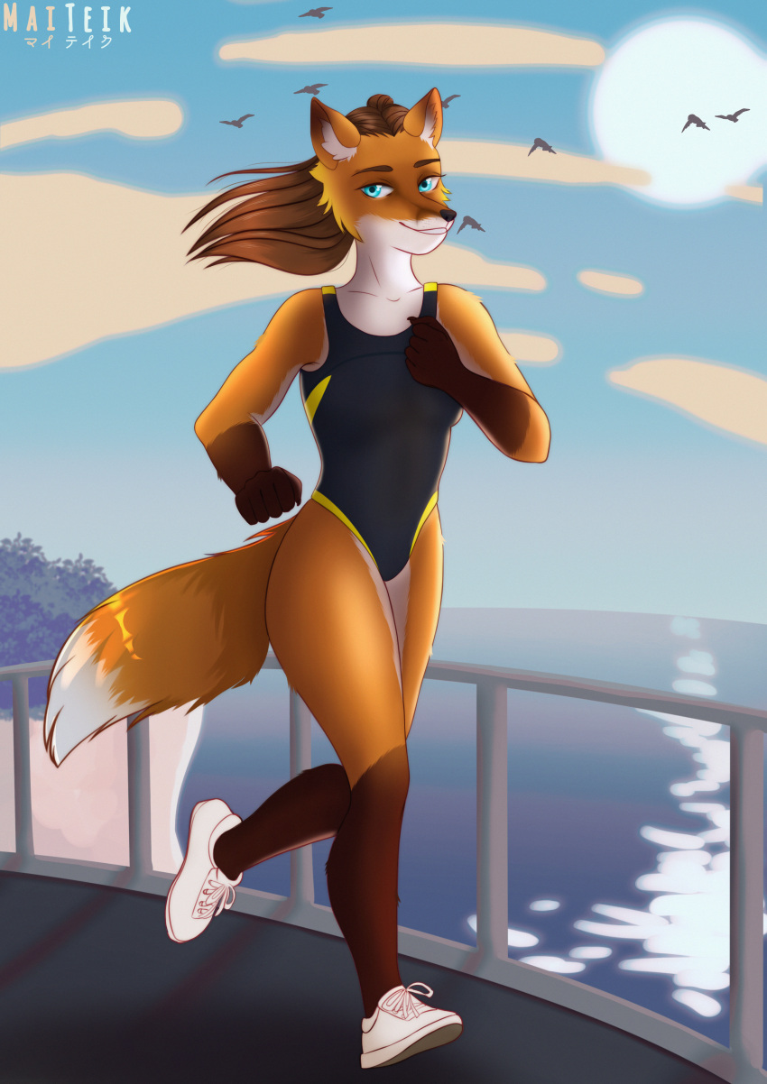 2020 5_fingers absurd_res anthro athletic athletic_female black_clothing brown_hair canid canine cliff clothing day detailed_background digital_media_(artwork) female fingers fluffy fluffy_tail footwear fox fur hair hi_res humanoid_hands looking_at_viewer loxxie_arbuckle maiteik_(artist) mammal multicolored_body one-piece_swimsuit orange_body orange_fur outside red_fox running seaside shoes sky smile smiling_at_viewer sneakers solo sport sport_swimsuit sportswear swimwear tight_clothing