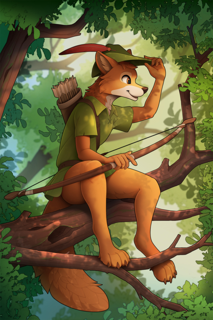 2021 absurd_res arrow bow_(weapon) branch canid canine clothing disney fox hi_res leaf male mammal plant quiver ranged_weapon robin_hood robin_hood_(disney) solo tree weapon yakovlev-vad