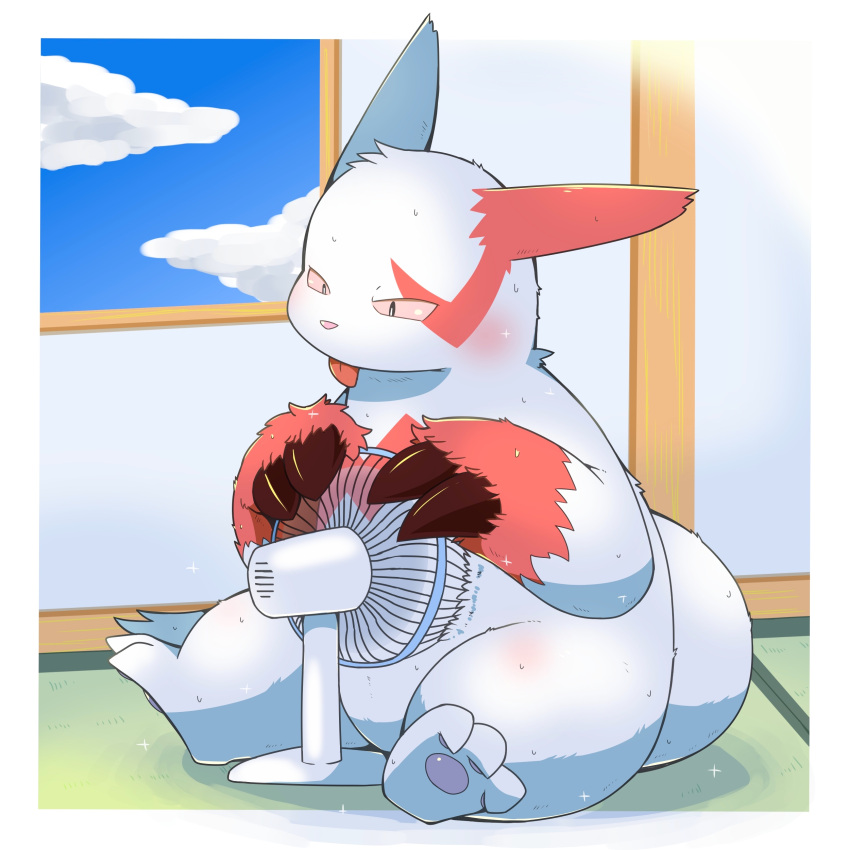 1:1 2021 absurd_res anthro belly blush bodily_fluids electric_fan fur hi_res inside kemono nintendo pok&eacute;mon pok&eacute;mon_(species) red_body red_fur sitting slightly_chubby solo sweat tatu_wani_(artist) tongue tongue_out video_games white_body white_fur zangoose