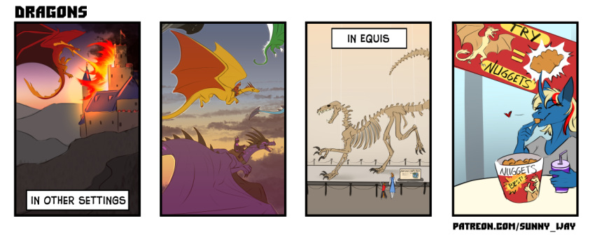 anthro bone comic digital_drawing_(artwork) digital_media_(artwork) dragon duo equi equis_universe fast_food female feral fire flying food group ki'rinaes male museum nuggets riders skeleton solo sunny_way text url webcomic wyvern