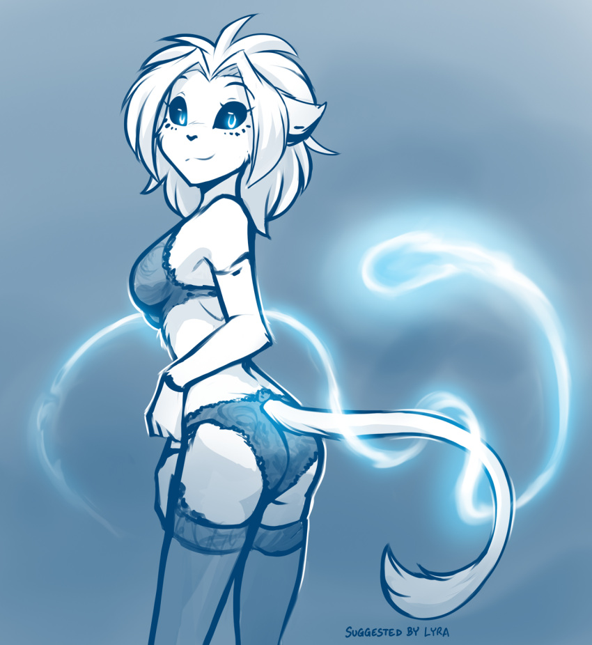 2021 anthro black_sclera blue_and_white blue_background blue_eyes bra breasts butt_pose cheek_tuft cleavage clothed clothing clothing_pull conditional_dnp cute_face elbow_tuft facial_tuft felid female furgonomics glowing glowing_eyes gradient_background hair hi_res keidran lace legwear lingerie lion long_tail looking_at_viewer mammal monochrome pantherine panties panty_pull portrait pose side_view simple_background sketch smile solo spirit stockings tail_button_bottoms tail_clothing tail_tuft thigh_highs three-quarter_portrait tom_fischbach tuft twokinds underwear underwear_pull webcomic white_hair will-o-wisp willow_wisp