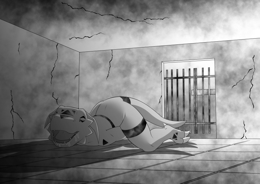 2_toes absurd_res ambiguous_gender anthro bandai_namco bars bodily_fluids claws detailed_background digimon digimon_(species) drooling ears_down eyes_closed feet greyscale guilmon hector21314 hi_res inside looking_pleasured lying masturbation monochrome on_front open_mouth pivoted_ears prison_cell reptile saliva scalie shadow shaking solo toes trembling