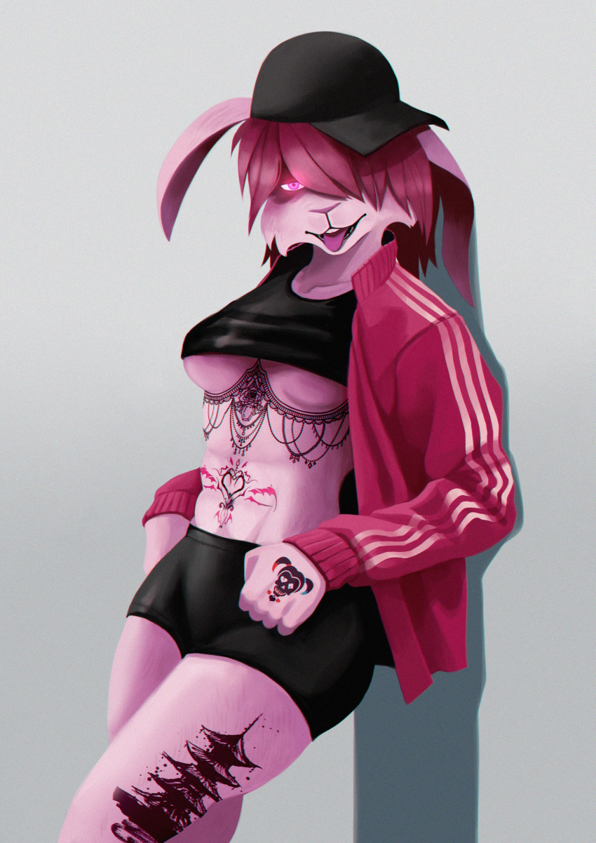 absurd_res anthro arm_tattoo belly_tattoo breasts chest_tattoo clothing fan_character female hair hat headgear headwear heolum hi_res japanese lagomorph leg_tattoo leporid ludexus mammal navel pink_body pink_hair pinup pose rabbit rabbit_(petruz) tattoo under_boob zafy_takada_(ludexus)