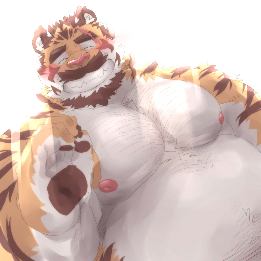 1:1 2021 anthro belly eyes_closed felid hi_res humanoid_hands kemono male mammal meimei_kia moobs nipples overweight overweight_male pantherine scar simple_background solo tiger white_background