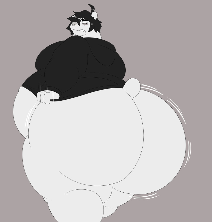 anthro belly big_butt black_clothing black_hair black_hoodie black_topwear bottomless bubble_butt butt clothed clothing doomer_(meme) doomer_bear fur grey_background hair hi_res hoodie huge_butt hyper hyper_butt male mammal megacoolbear_(artist) moobs obese obese_anthro obese_male overweight overweight_anthro overweight_male simple_background solo thick_thighs topwear ursid white_body white_fur