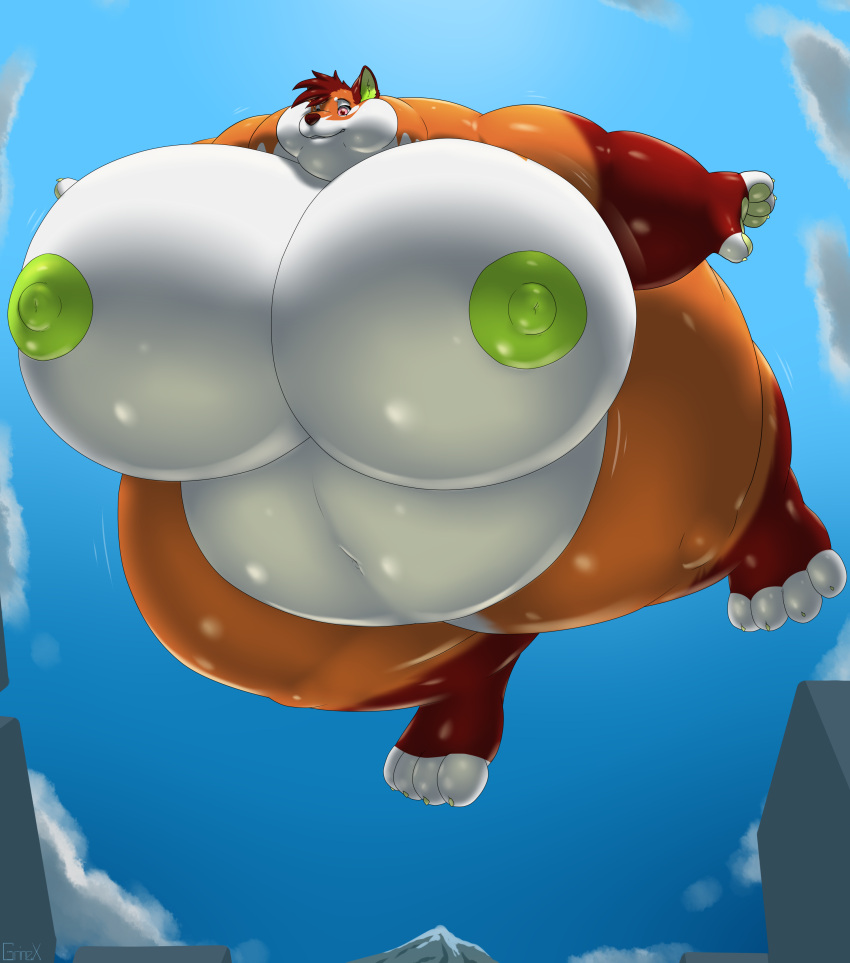 2019 4_toes 5_fingers absurd_res aircraft airship animate_inanimate anthro barefoot belly big_belly big_breasts breast_expansion breasts brown_body brown_fur brown_hair brown_nose building canid canine claws cloud daniel156161_(character) digitigrade expanding expansion feet female fingerless_(marking) fingers flying fox fur glistening glistening_body green_body green_claws green_fur green_nipples grinex growing hair hi_res huge_breasts hyper hyper_breasts hyper_hips inflatable lara_(daniel156161) living_inflatable mammal mountain multicolored_body multicolored_fur multicolored_tail navel nipples nude outside outstretched_leg pink_eyes rubber short_hair sky smile solo tan_body tan_fur thick_thighs toeless_(marking) toes white_body white_fur