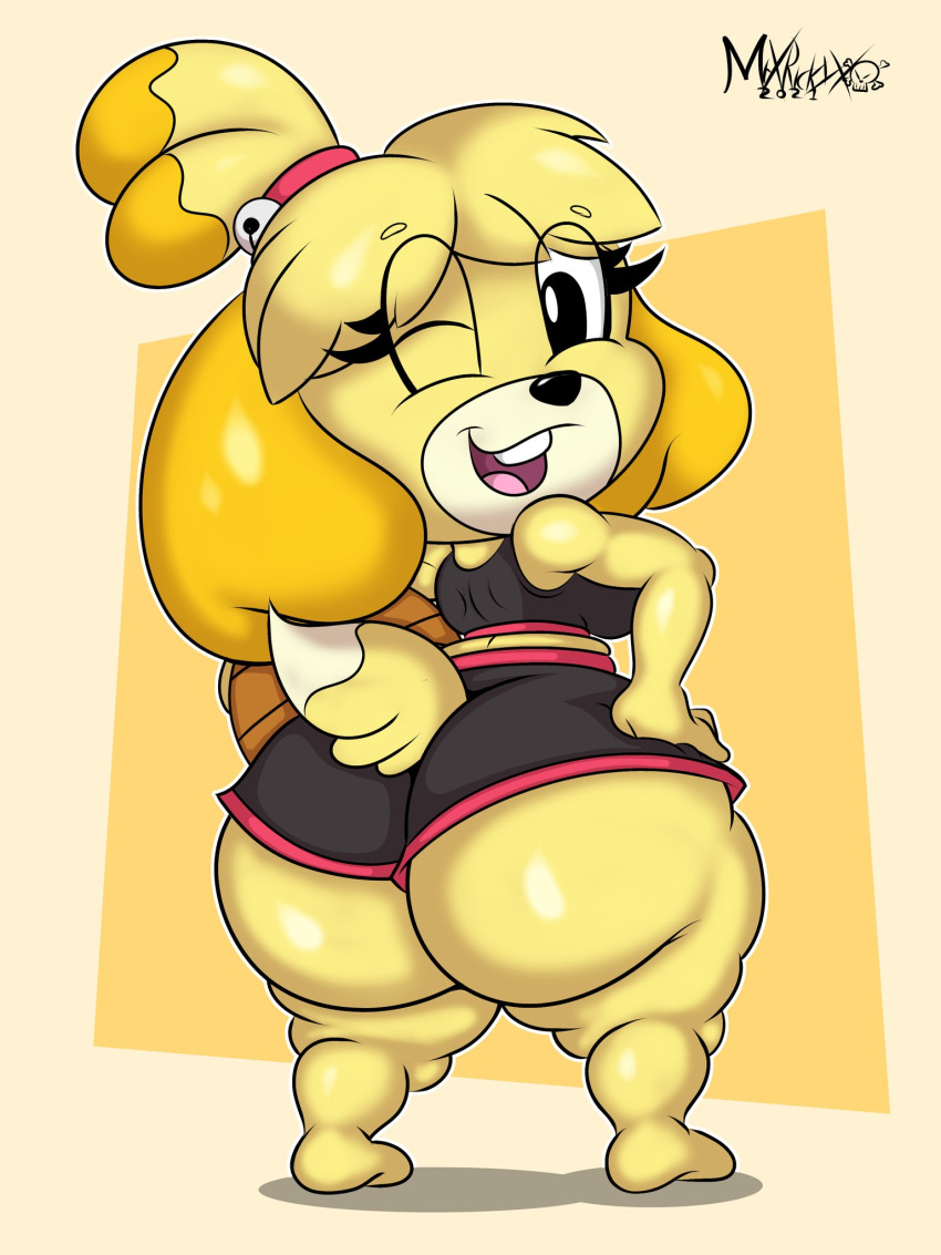3:4 accessory animal_crossing anthro ball basketball_(ball) basketball_uniform big_butt blonde_hair bottomwear breasts butt butt_focus canid canine canis clothed clothing domestic_dog female hair hair_accessory hairband hand_on_hip hi_res hotpants huge_butt isabelle_(animal_crossing) looking_at_viewer looking_back looking_back_at_viewer mammal mrxrickyx nintendo one_eye_closed scapula shih_tzu shirt short_stack shorts signature simple_background skimpy solo sportswear tank_top thick_thighs topwear toy_dog uniform video_games wide_hips wink yellow_body