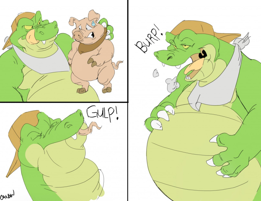 abdominal_bulge anthro anthro_pred anthro_prey belly big_belly bodily_fluids canson claws clothing comic crocodile crocodilian crocodylid domestic_pig duo green_belly green_body green_skin hat headgear headwear licking licking_lips male male/male male_pred mammal obese oral_vore overweight pink_body pink_skin reptile scalie simple_background suid suina sus_(pig) sweat sweatdrop tongue tongue_out vore white_background