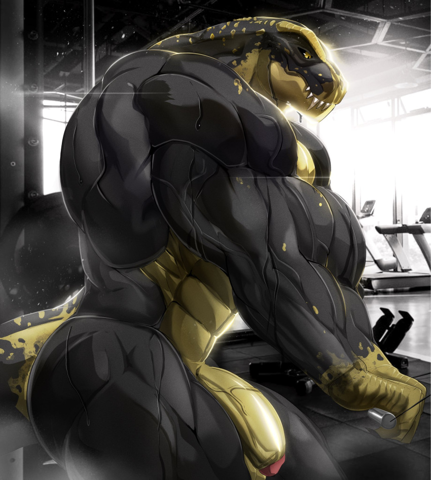 anthro bastroceive dinosaur genitals gym hi_res male muscular muscular_male nude penis reptile scalie solo teeth_showing vein veiny_muscles veiny_penis yellow_body yellow_eyes yellow_skin