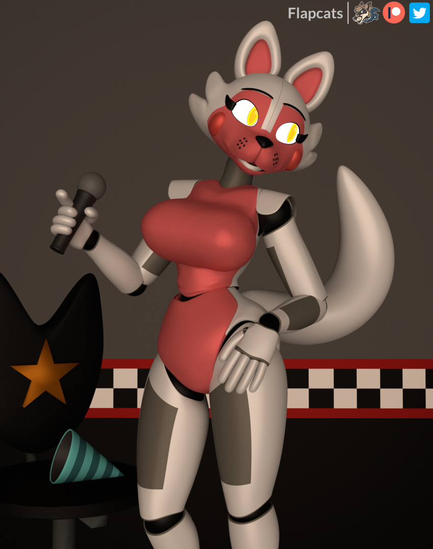 2021 3d_(artwork) absurd_res animatronic anthro blender_(software) canid canine chair clothing digital_media_(artwork) eyelashes female five_nights_at_freddy's five_nights_at_freddy's_2 flapcats foxy_(fnaf) funtime_foxy_(fnaf) furniture happy hat headgear headwear hi_res machine mammal microphone party_hat pink_body pink_breasts robot simple_background solo video_games waeverstan white_tail