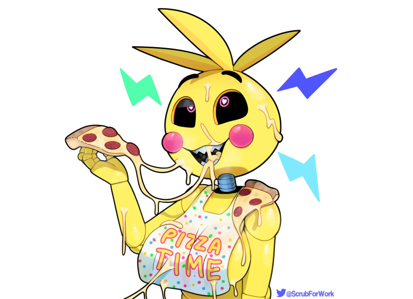 &lt;3 &lt;3_eyes 2021 animatronic anthro avian beakless bib bird black_sclera breasts cheese chicken cleavage clothed clothing dairy_products eating eating_food electricity female five_nights_at_freddy's five_nights_at_freddy's_2 food food_on_breasts food_on_face galliform gallus_(genus) hi_res machine messy_eater non-mammal_breasts pepperoni phasianid pink_eyes pink_text_border pizza robot side_boob simple_background solo somescrub text toy_chica_(fnaf) twitter twitter_logo video_games white_background yellow_text