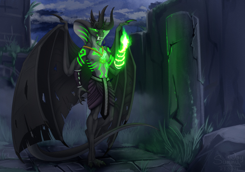anthro claws cobra demon demonic digital_drawing_(artwork) digital_media_(artwork) dungeons_and_dragons egyptian fangs fire fireball glowing glowing_body glowing_eyes hasbro horn hybrid magic_user male night open_mouth reptile ruins runes scalie snake snake_hood solo sunny_way teeth wings wizards_of_the_coast