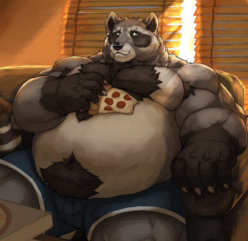 2021 absurd_res anthro belly black_nose cinna-tree clothing detailed_background food fur furniture grey_body grey_fur hi_res humanoid_hands inside male mammal moobs overweight overweight_male pizza procyonid raccoon sitting sofa solo underwear