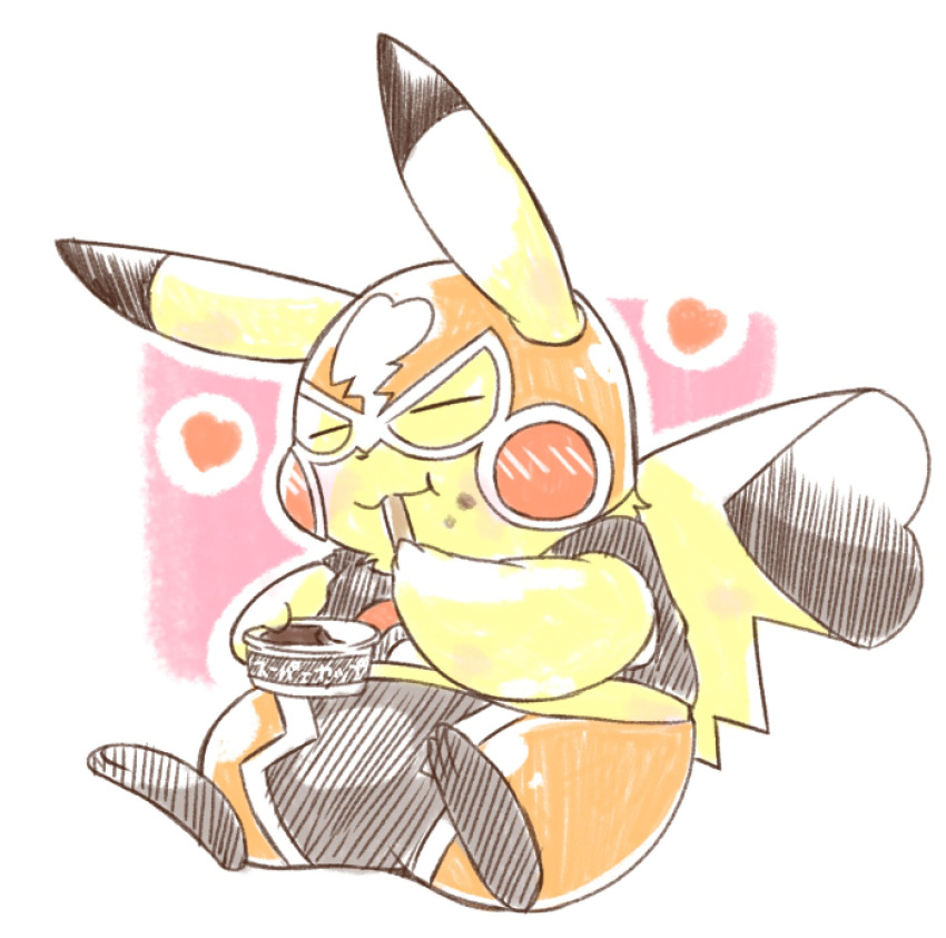 &lt;3 2019 3_toes cleft_tail clothing cosplay_pikachu_(costume) dipstick_ears eating eyes_closed feet female hi_res holding_object mask multicolored_ears nintendo pikachu pikachu_libre pok&eacute;mon pok&eacute;mon_(species) semi-anthro simple_background sitting solo tatu_wani_(artist) toes video_games yellow_body