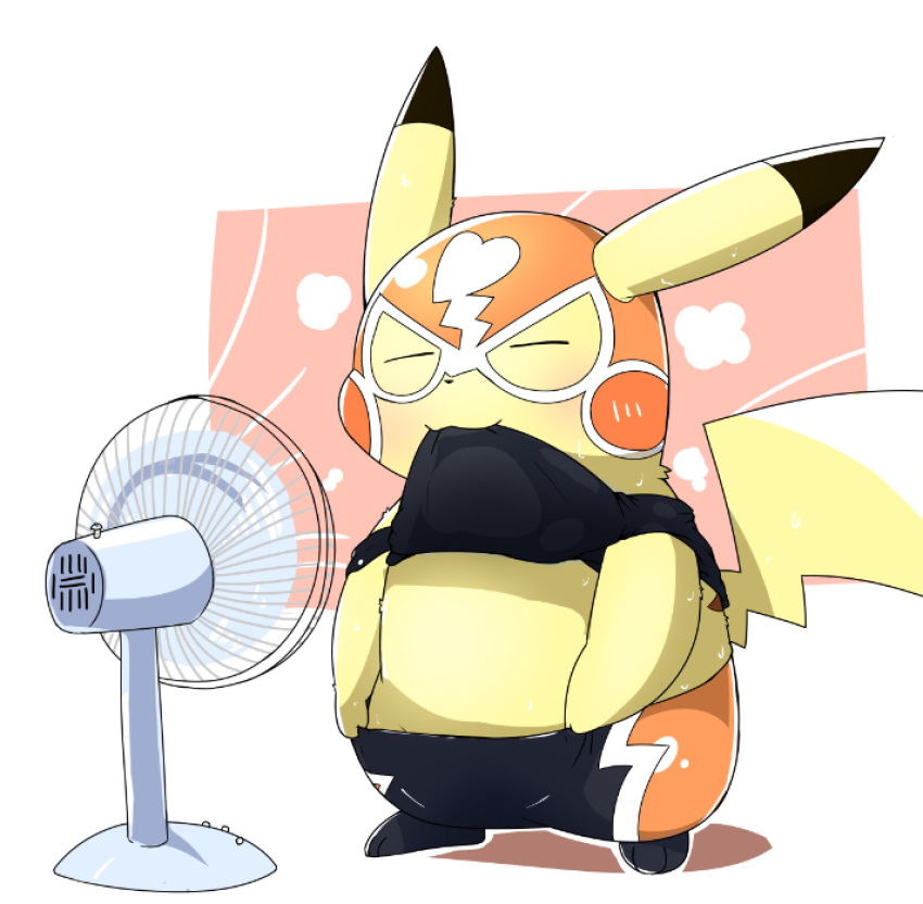 2019 ambiguous_gender bodily_fluids clothing cosplay_pikachu_(costume) dipstick_ears eyes_closed fur hi_res mask midriff multicolored_ears nintendo pikachu pikachu_libre pok&eacute;mon pok&eacute;mon_(species) rotary_fan semi-anthro simple_background solo sweat tatu_wani_(artist) video_games yellow_body yellow_fur