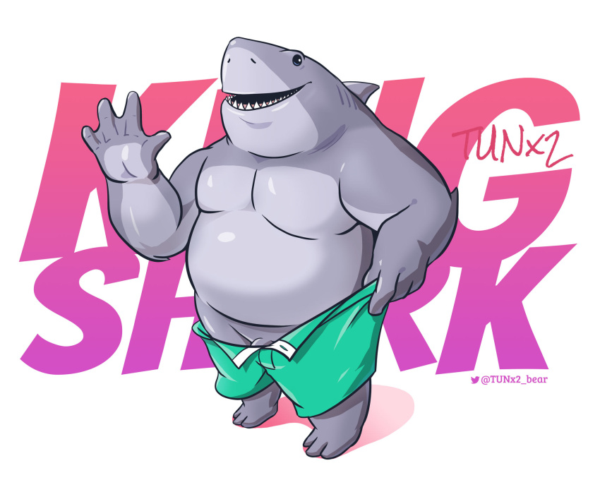 2021 5:4 anthro clothing dc_comics fish genitals grey_body hi_res kemono king_shark male marine overweight overweight_male penis shark solo swimwear text tunx2