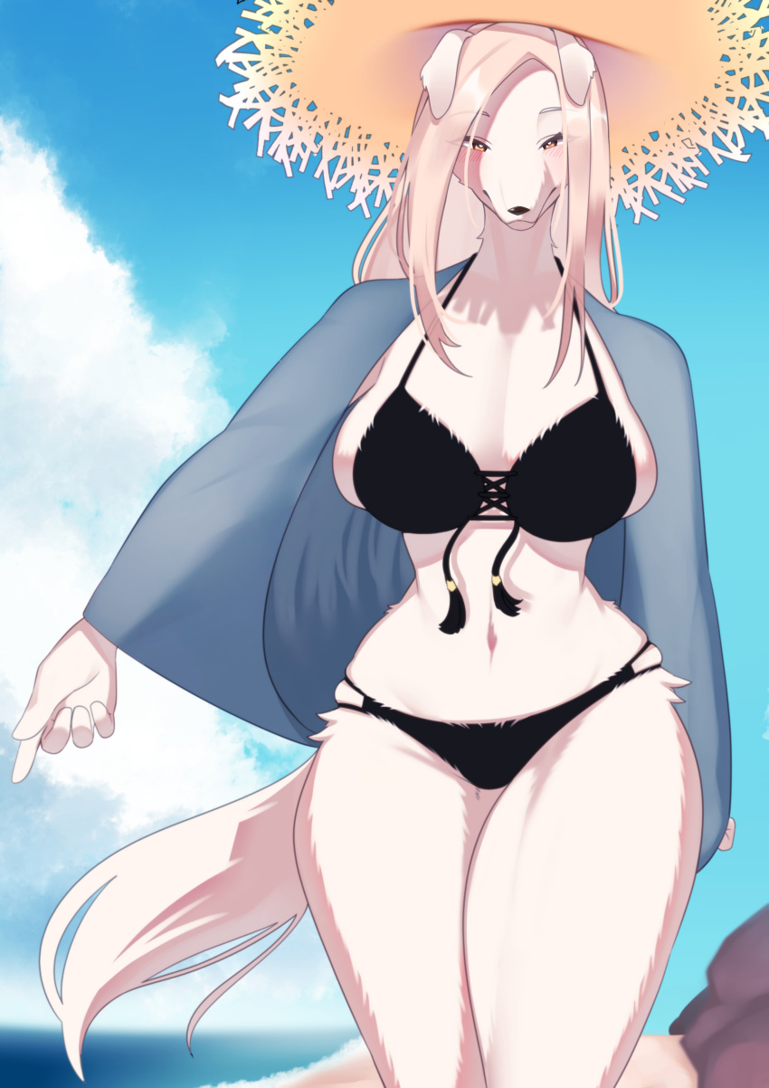 2021 5_fingers absurd_res anthro beach big_breasts bikini black_nose blush breasts canid canine canis cleavage clothed clothing cloud day denyfake domestic_dog female fingers fur hair hat headgear headwear hi_res huge_breasts kemono long_hair looking_at_viewer mammal navel outside portrait sea seaside shawl side_boob sky smile solo straw_hat swimwear tan_hair three-quarter_portrait water white_body white_fur yellow_eyes