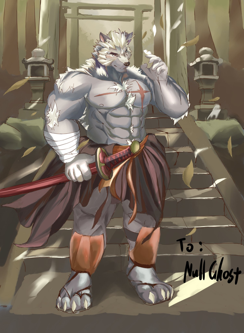 2018 4_toes 5_fingers abs anthro arm_wraps biceps biped black_eyebrows black_nose body_hair bottomwear canid canine canis chest_hair chest_scar claws clothed clothing colored detailed_background eye_scar eyebrows facial_scar feet fingers fur grey_body grey_fur hair hi_res humanoid_hands lazydoog male mammal morihiko muscular muscular_anthro muscular_male muscular_thighs nipples outside pecs scar shirtless short_hair solo stair standing thick_eyebrows toes white_hair wolf wraps
