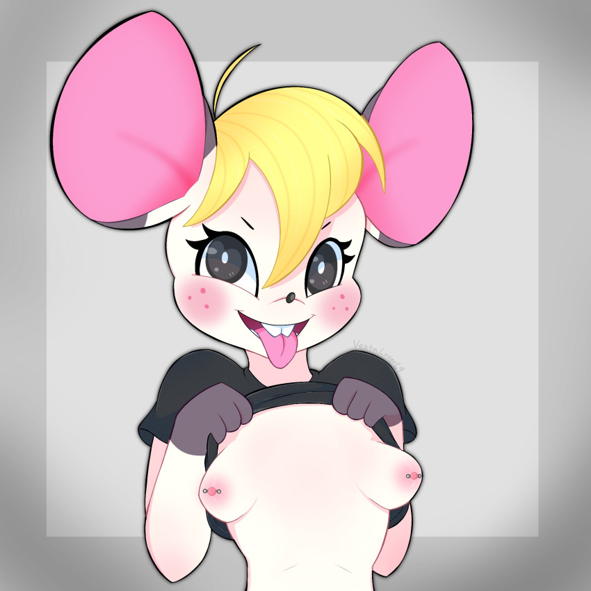 1:1 animal_crossing anthro bella_(animal_crossing) blush breasts buckteeth clothed clothing female freckles hi_res looking_at_viewer mammal mouse murid murine nintendo nipple_piercing nipples piercing raised_clothing raised_shirt raised_topwear rodent shirt solo teeth tongue tongue_out topwear vestalover69 video_games