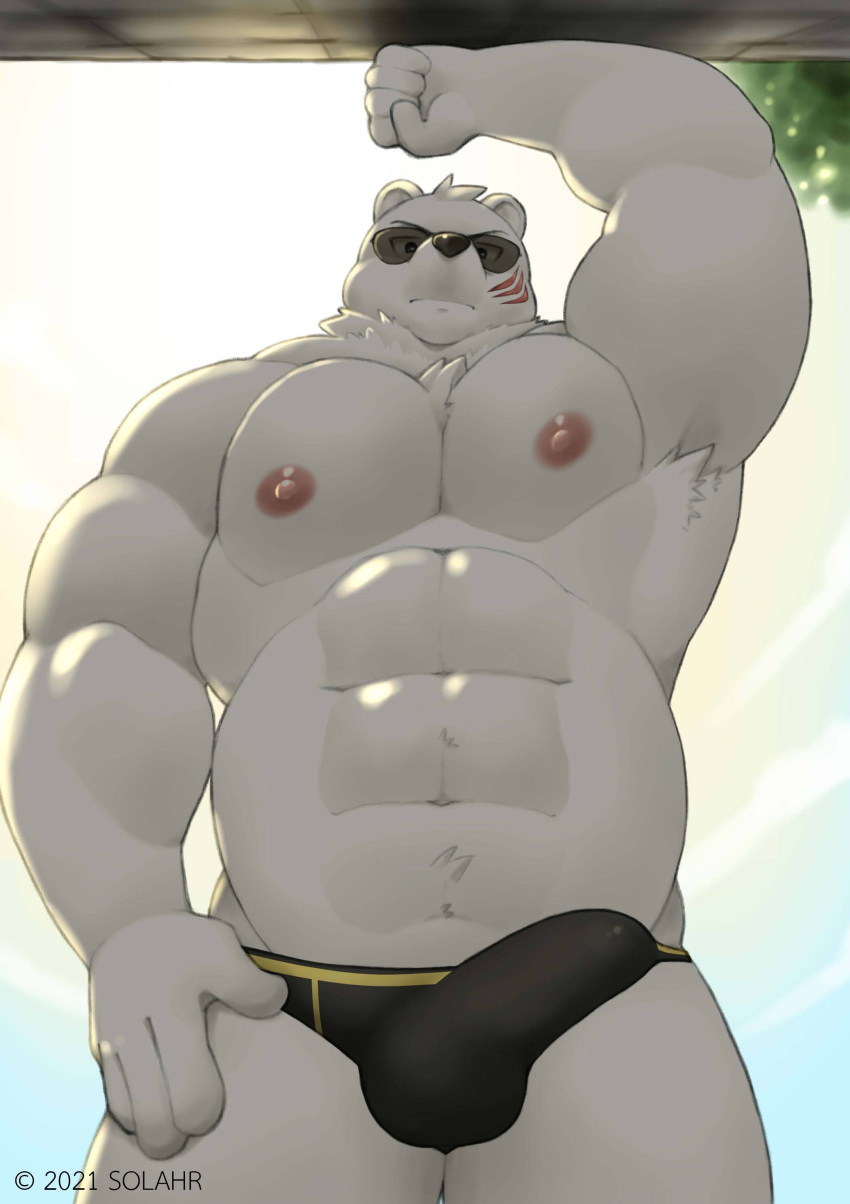 abs absurd_res bulge clothing eyewear hi_res male mammal musclegut muscular nipples obese odd_taxi overweight polar_bear sekiguchi_(odd_taxi) solahr solo sunglasses underwear ursid ursine