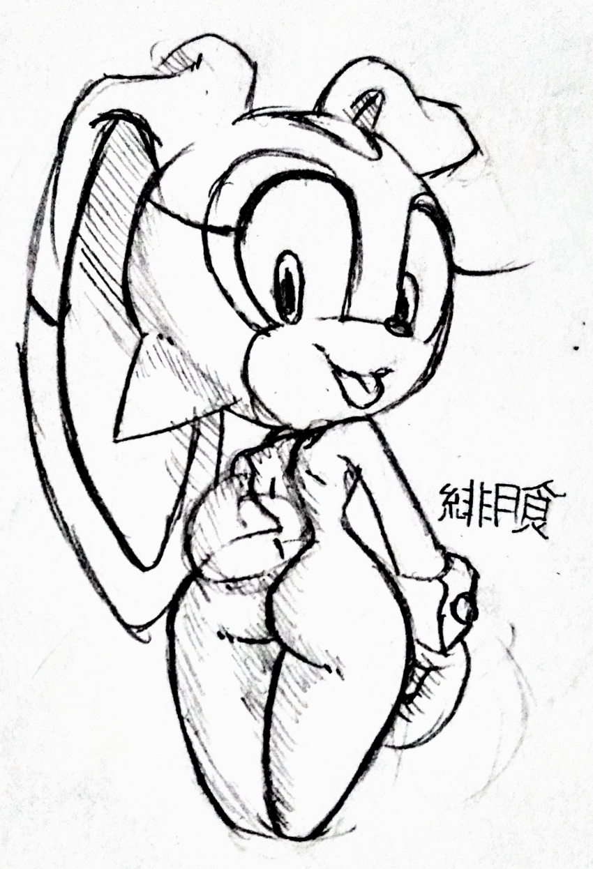 absurd_res anthro big_butt big_ears bottomless butt clothed clothing cream_the_rabbit etherealhatred female hi_res lagomorph leporid looking_at_viewer looking_back mammal monochrome rabbit rear_view sega sketch solo_focus sonic_the_hedgehog_(series) thick_thighs tongue tongue_out traditional_media_(artwork) wide_hips