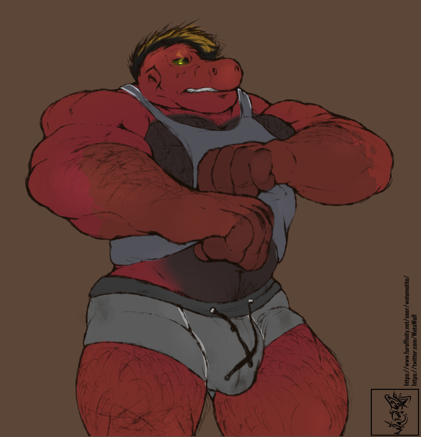 absurd_res anthro boxers_(clothing) bulge clothed clothing digital_media_(artwork) dinosaur hair hi_res jacklambert male mammal muscular muscular_anthro muscular_male open_mouth reptile scalie simple_background solo thigs underwear watawolf