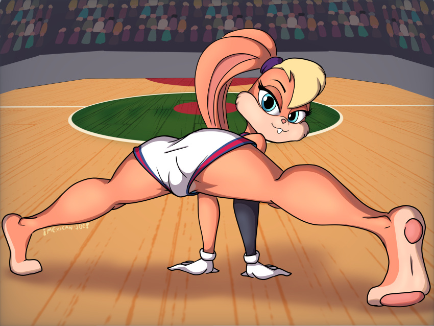 4:3 absurd_res anthro basketball_court bottomwear butt clothing female gloves handwear hi_res lagomorph leporid lola_bunny looking_back looney_tunes mammal mexicanjoe pawpads rabbit shorts solo space_jam stretching warner_brothers