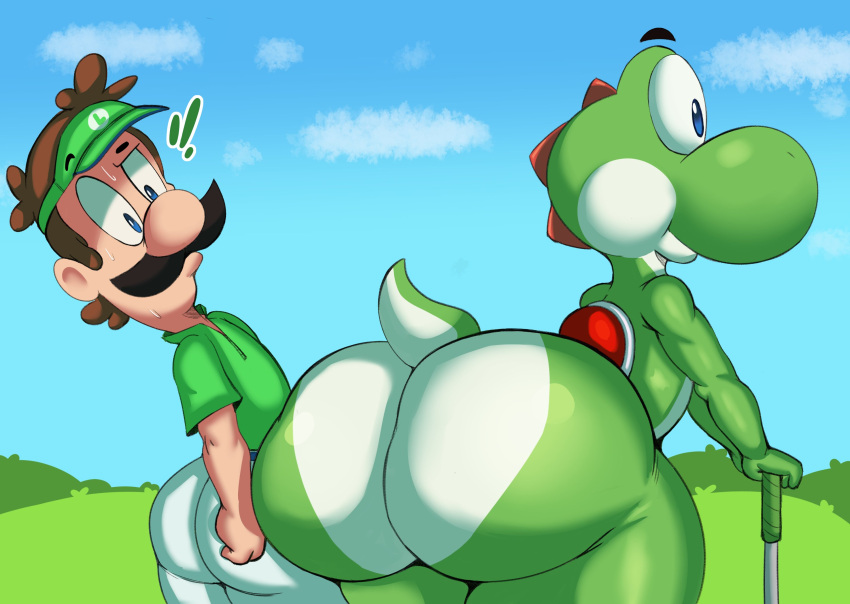 anthro big_butt bodily_fluids butt butt_focus butt_size_difference clothed clothing duo eyebrows golf golf_club golf_course golfing green_body hi_res holding_object huge_butt human looking_back luigi male mammal mario_bros nintendo nude outside purple_yoshi_draws raised_eyebrow stare staring_down sweat thick_thighs video_games yoshi