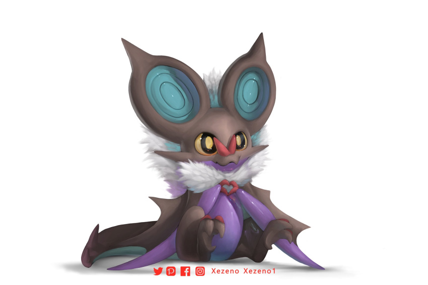 2021 ambiguous_gender black_body claws digital_media_(artwork) feral fur glistening glistening_eyes hi_res neck_tuft nintendo noivern orange_eyes pok&eacute;mon pok&eacute;mon_(species) purple_body red_claws shaded simple_background sitting smile solo tuft video_games white_background white_body white_fur wings xezeno